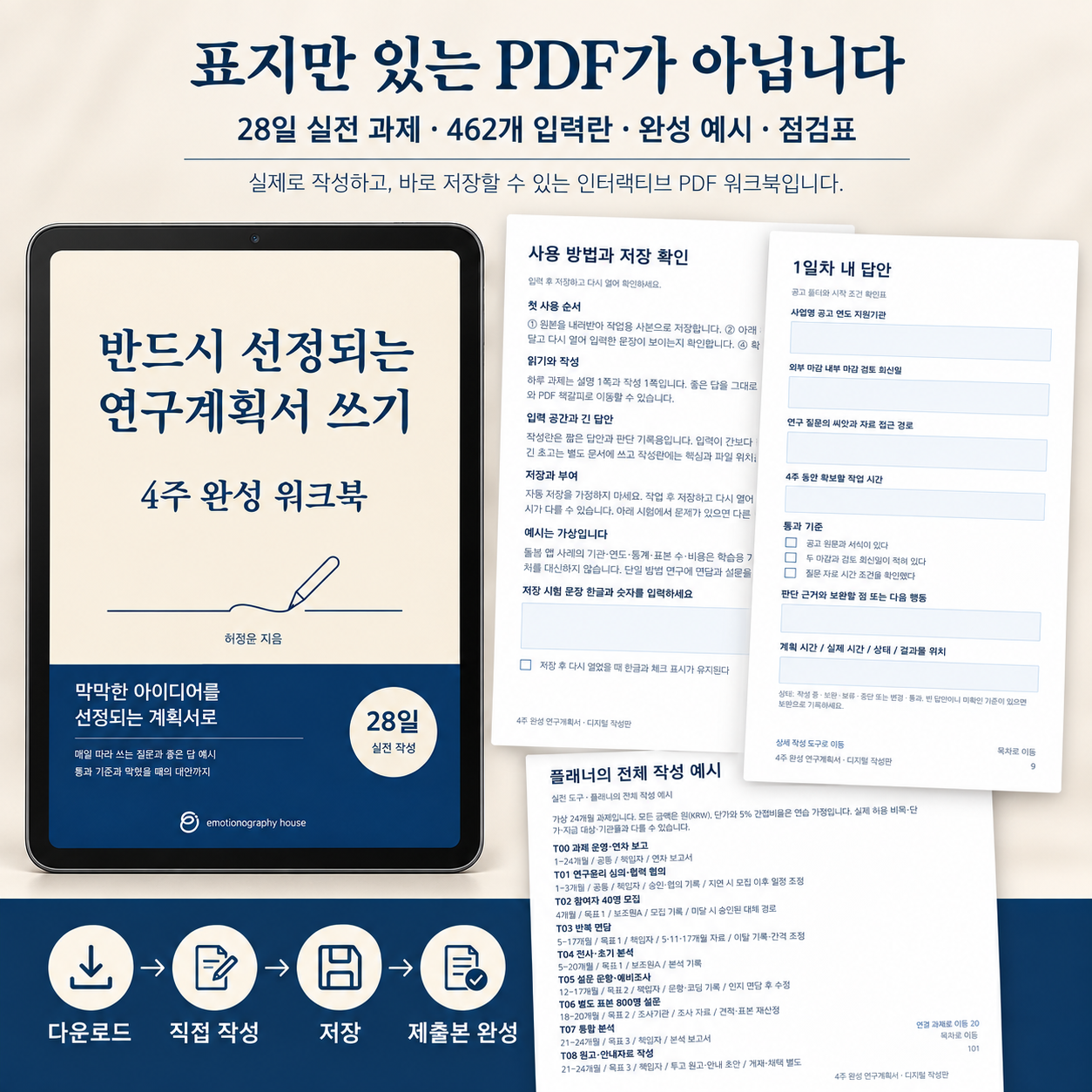 워크북 내부의 사용 안내, 입력란, 완성 플래너와 다운로드부터 제출본 완성까지의 순서