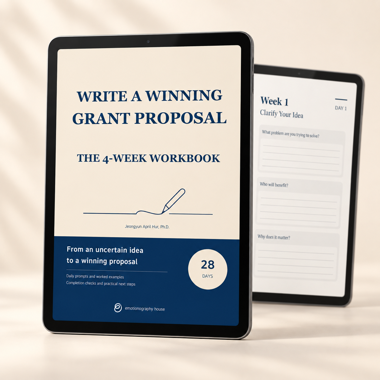 4 Week Grant Proposal Workbook shown on tablet screens